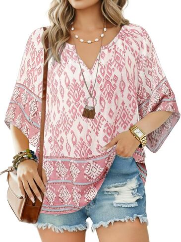 بلوزات بوهو للنساء برقبة V 3/4 كم خفيفة الوزن، بلوزة تونيك كاجوال عصرية كبيرة الحجم بوهيمية أنيقة، وردي XXL in Kuwait