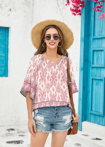 بلوزات بوهو للنساء برقبة V 3/4 كم خفيفة الوزن، بلوزة تونيك كاجوال عصرية كبيرة الحجم بوهيمية أنيقة، وردي XXL in Kuwait