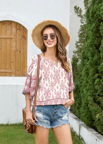 بلوزات بوهو للنساء برقبة V 3/4 كم خفيفة الوزن، بلوزة تونيك كاجوال عصرية كبيرة الحجم بوهيمية أنيقة، وردي XXL in Kuwait