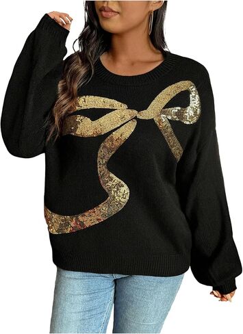 المرأة زائد الحجم القوس الترتر سترة بريق Crewneck طويلة الأكمام متماسكة الخريف البلوز قمم in Saudi Arabia