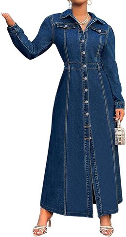utcoco Women's Denim Maxi Dress Long Sleeve Button Down Casual Party Evening Jean Shirt Dress in Saudi Arabia