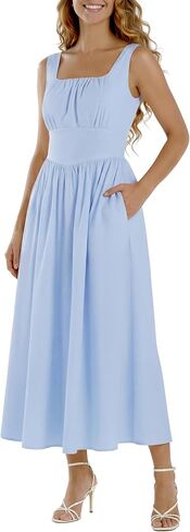 فساتين ماكسي للشاطئ بدون أكمام للنساء بحزام قابل للتعديل وخصر عالٍ فستان صيفي سادة مع جيوب 2026 in Kuwait