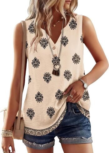 Micoson Tank Tops for Women 2026 Summer Casual V Neck Sleeveless Tops Loose Flowy Button Down Boho Tshirt in Saudi Arabia