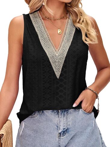 Womens Summer Solid Tank Tops Sexy Lace Flowy Hide Belly Shirts Deep V Neck Cute Casual Tank in Saudi Arabia