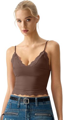 QINSEN V Neck Lace Trim Cami for Womens Spaghetti Straps Slimming Fit Sleeveless Tank Camisole Crop Tops in Saudi Arabia