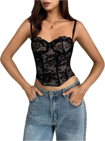 مشد دانتيل Y2K للسيدات قميص قصير مثير شبكي بشريط سباغيتي للحفلات والنوادي in Kuwait