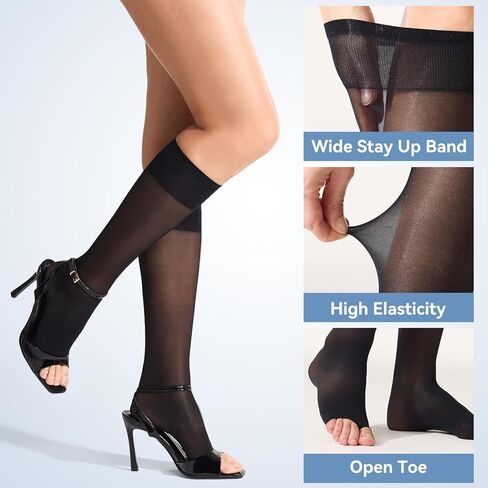 3 Pairs Open Toe Compression Socks for Women Knee High Stockings 40D Nylons in Saudi Arabia