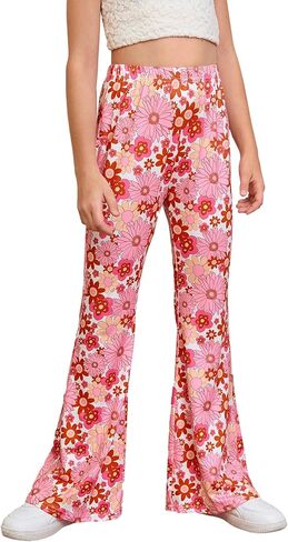 Girl's Floral Elastic Waist Flare Pants Stretchy Bell Bottom Pants in Saudi Arabia