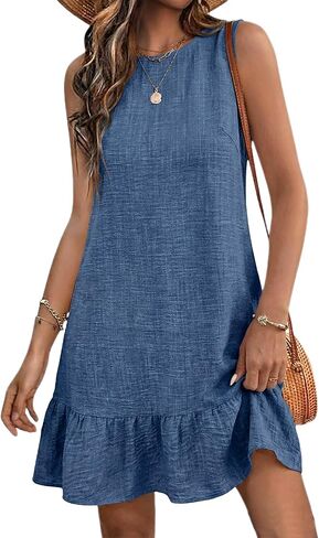 Halife Womens Casual Summer Dresses Tie Back Crew Neck Sleeveless Tank Mini Dress Ruffle Hem Flowy Beach Sundresses in Kuwait