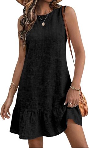 Halife Womens Casual Summer Dresses Tie Back Crew Neck Sleeveless Tank Mini Dress Ruffle Hem Flowy Beach Sundresses in Kuwait