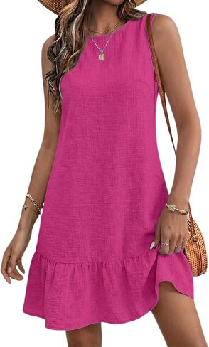 Halife Womens Casual Summer Dresses Tie Back Crew Neck Sleeveless Tank Mini Dress Ruffle Hem Flowy Beach Sundresses in Kuwait