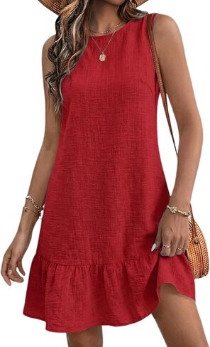 Halife Womens Casual Summer Dresses Tie Back Crew Neck Sleeveless Tank Mini Dress Ruffle Hem Flowy Beach Sundresses in Kuwait