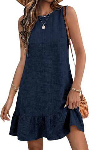 Halife Womens Casual Summer Dresses Tie Back Crew Neck Sleeveless Tank Mini Dress Ruffle Hem Flowy Beach Sundresses in Kuwait