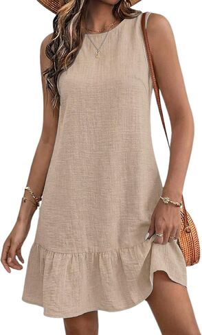 Halife Womens Casual Summer Dresses Tie Back Crew Neck Sleeveless Tank Mini Dress Ruffle Hem Flowy Beach Sundresses in Kuwait