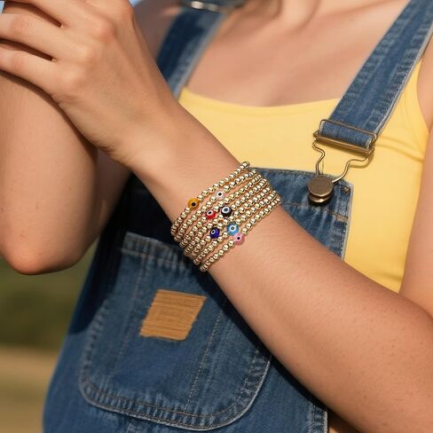 العصرية الملونة عين الشر الذهب مطرز سوار المكدس مجموعة للنساء، 7 قطع بوهو اليدوية الخرز الكرة الذهبية أساور مرنة لمط مجوهرات الصداقة هدية الصيف in Kuwait