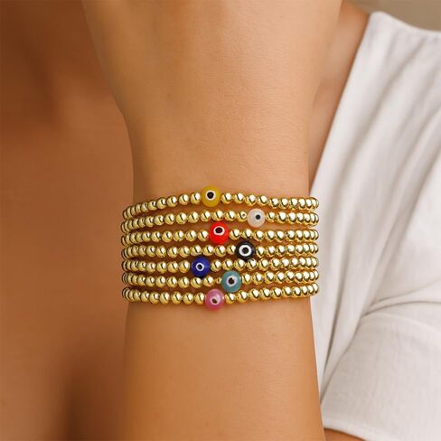 العصرية الملونة عين الشر الذهب مطرز سوار المكدس مجموعة للنساء، 7 قطع بوهو اليدوية الخرز الكرة الذهبية أساور مرنة لمط مجوهرات الصداقة هدية الصيف in Kuwait