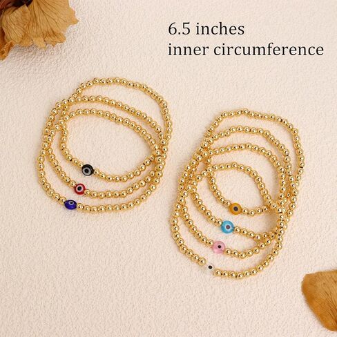 العصرية الملونة عين الشر الذهب مطرز سوار المكدس مجموعة للنساء، 7 قطع بوهو اليدوية الخرز الكرة الذهبية أساور مرنة لمط مجوهرات الصداقة هدية الصيف in Kuwait