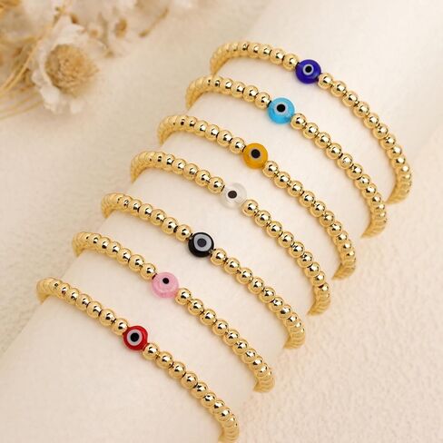العصرية الملونة عين الشر الذهب مطرز سوار المكدس مجموعة للنساء، 7 قطع بوهو اليدوية الخرز الكرة الذهبية أساور مرنة لمط مجوهرات الصداقة هدية الصيف in Kuwait