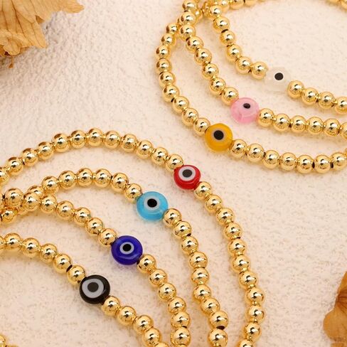 العصرية الملونة عين الشر الذهب مطرز سوار المكدس مجموعة للنساء، 7 قطع بوهو اليدوية الخرز الكرة الذهبية أساور مرنة لمط مجوهرات الصداقة هدية الصيف in Kuwait
