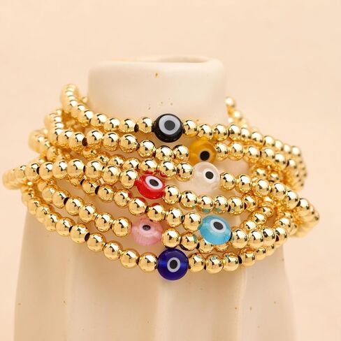 العصرية الملونة عين الشر الذهب مطرز سوار المكدس مجموعة للنساء، 7 قطع بوهو اليدوية الخرز الكرة الذهبية أساور مرنة لمط مجوهرات الصداقة هدية الصيف in Kuwait