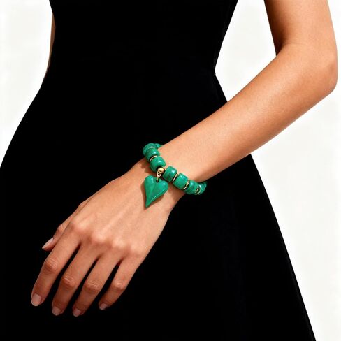 Acrylic Beaded Bracelet for Women Heart Charm Statement Chunky Stretch Bracelet Turquoise Tone Resin Beads Stackable Bracelets Fashion Jewelry Gifts in Kuwait