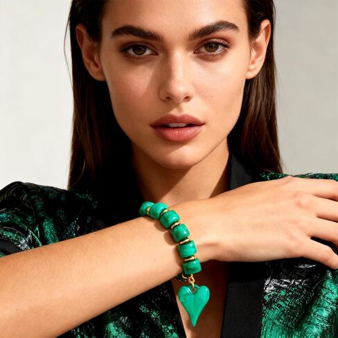 Acrylic Beaded Bracelet for Women Heart Charm Statement Chunky Stretch Bracelet Turquoise Tone Resin Beads Stackable Bracelets Fashion Jewelry Gifts in Kuwait