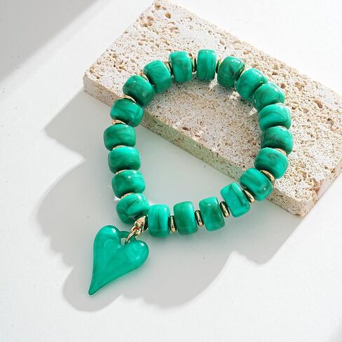Acrylic Beaded Bracelet for Women Heart Charm Statement Chunky Stretch Bracelet Turquoise Tone Resin Beads Stackable Bracelets Fashion Jewelry Gifts in Kuwait