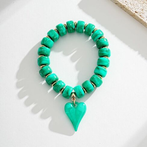 Acrylic Beaded Bracelet for Women Heart Charm Statement Chunky Stretch Bracelet Turquoise Tone Resin Beads Stackable Bracelets Fashion Jewelry Gifts in Kuwait