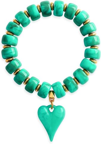 Acrylic Beaded Bracelet for Women Heart Charm Statement Chunky Stretch Bracelet Turquoise Tone Resin Beads Stackable Bracelets Fashion Jewelry Gifts in Kuwait