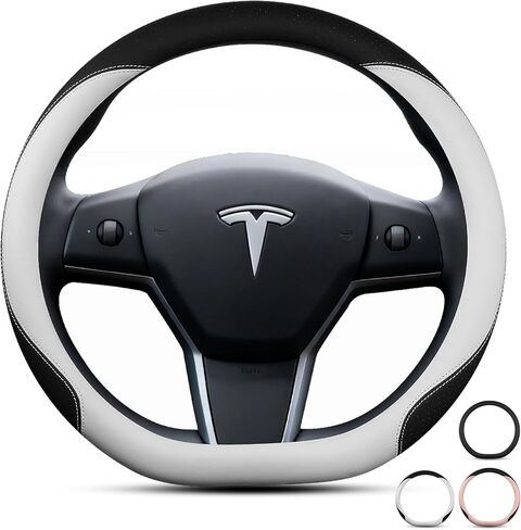 غطاء عجلة القيادة لسيارة Tesla 3 /Y 2017-2026، ملحقات تغليف عجلة القيادة من الجلد المسطح لسيارة Tesla، Funda para Volante De Carro (أبيض، على شكل D) in Kuwait