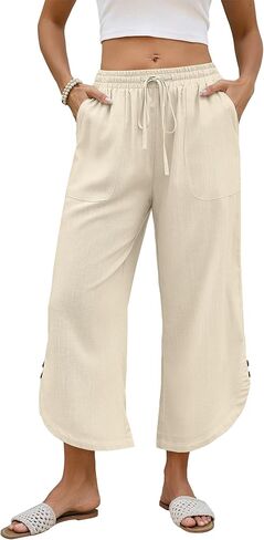 Bsubseach Womens Cotton Linen Pants Summer Capri Pants Comfy Cropped Lounge Pants with Drawstring in Saudi Arabia