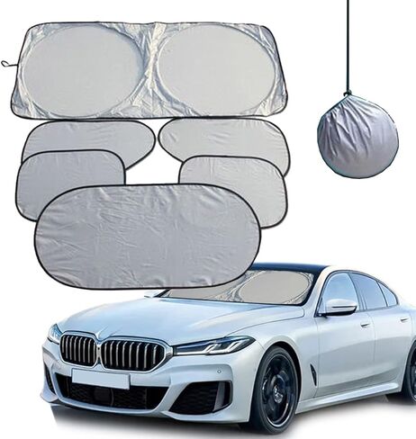 6Pcs Car and SUV Front Windshield Foldable Sunshade, Sunscreen Mat, Silver Cloth (6Pcs All Window) in Kuwait