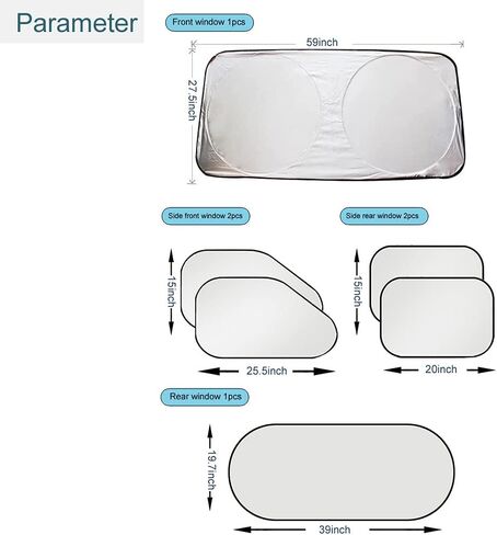 6Pcs Car and SUV Front Windshield Foldable Sunshade, Sunscreen Mat, Silver Cloth (6Pcs All Window) in Kuwait