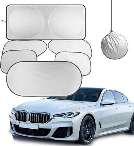 6Pcs Car and SUV Front Windshield Foldable Sunshade, Sunscreen Mat, Silver Cloth (6Pcs All Window) in Kuwait