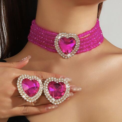 Fashion Bride Champagne Green Red Crystal Heart Bridal Wedding Jewelry Set Crystal Wedding Jewelry Set Christmas Halloween Full Rhinestone Choker Necklace for Women in Saudi Arabia