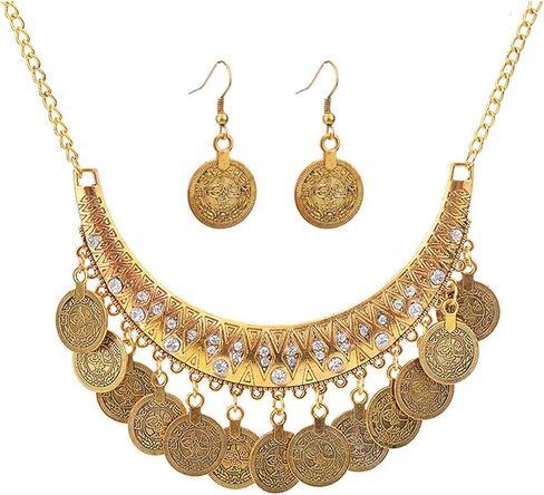 FUTIMELY Chunky Coin Necklace Earrings Set,Bohemia Plated Gold Coin Tassel Personalized Choker Earrings,Ethnic Gypsy Statement Jewelry Set for Women in Saudi Arabia