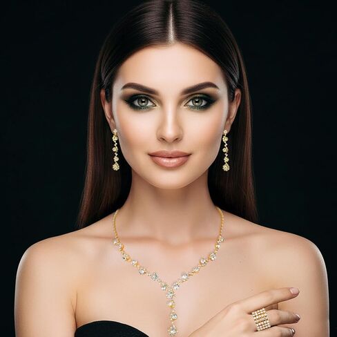 مجوهرات الزفاف الذهبية للعرائس ووصيفات العروس - مجوهرات رسمية لامعة للنساء لملابس السهرة - تتضمن قلادة وأقراط وخاتم سوار in Saudi Arabia