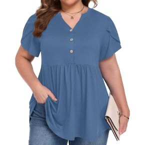 قمصان نسائية من PLOKNRD مقاس كبير وأكمام قصيرة مكشكشة من Henley، قمصان تونيك بأزرار وفتحة رقبة على شكل V، بلوزات كاجوال متأرجحة متدفقة وأنيقة in Kuwait