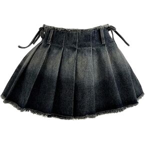 تنورة جينز صغيرة مطوية للنساء من GORGLITTER Y2K بسحاب وحاشية خام وكشكشة لمهرجان الموسيقى تنانير دينم واسعة in Kuwait