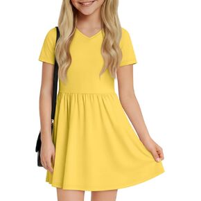 Girls a Line Dress Short Sleeve V Neck Solid Color Summer Dress for 5-14 Years Kids Casual in Saudi Arabia