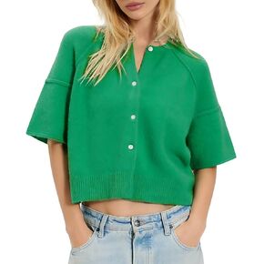 Women's Short Sleeved Cardigan Sweater Round Neck Buttons Short Knit Top Cut Casual Ribbed Hem Pullover in Kuwait