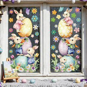 زينة نافذة عيد الفصح - ورقتان من الملصقات الثابتة على شكل أرنب وبيض كبير، ملصقات نافذة زنبركية مزدوجة الجوانب للنوافذ الزجاجية، المنزل، المكتب، ديكور حفلات الأطفال المدرسية DMWS001 in Kuwait