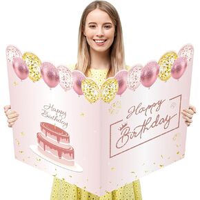 بطاقة عيد ميلاد وردية جامبو من WNINK مع مظروف، بطاقة تهنئة كبيرة جدًا مقاس 22 × 14 بوصة من الذهب الوردي للنساء والفتيات، كتاب ضيف عيد ميلاد سعيد كبير وتزيين الحفلات in Kuwait