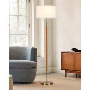 ELYONA 2-Light Wood Floor Lamp لغرفة النوم منتصف القرن مصباح قائم حديث أبيض قماش الظل طويل القامة عمود ضوء الزاوية لغرفة المعيشة مكتب 3 درجات حرارة اللون 9W LED لمبات تشمل، النحاس المصقول in Kuwait
