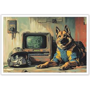 ECUASMR Fallout Inspired German Shepherd Companion Artwork Poster - Canvas Wall Art Decoration for Any Room - Power Armor Helmet Poster Print 12X16 in Unframed in Saudi Arabia