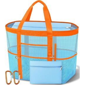 2026 Stylish & Spacious XX-Large Beach Bag for Women – Mesh × Canvas Tote with Top Zipper, 11 Tall Pockets | 40L+ Spacious, 11 Tall Pockets, Zipper Pouch, Secure Zip-Top, Sand-Resistant Base in Kuwait