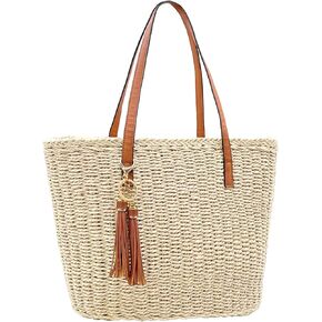 Straw Tote Bag for Women Beach Woven Shoulder Handbags for Summer Travel vacation with Tassel in Kuwait