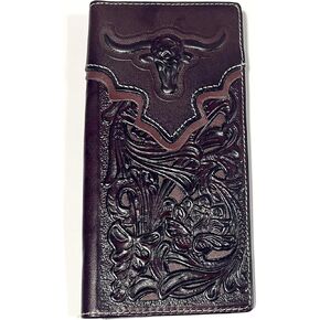 Texas West Western Men's Laser Cut Genuine Leather Longhorn Long Bifold Wallet (Coffee/Beige) in Kuwait