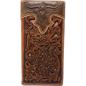 Texas West Western Men's Laser Cut Genuine Leather Longhorn Long Bifold Wallet (Coffee/Beige) in Saudi Arabia
