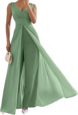 Women Fall Chiffon Sleeveless V-neck Jumpsuit Pants Ruched Waist Chiffon Wedding Guest Dress Romper Overalls in Saudi Arabia